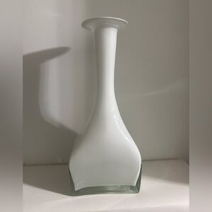 Elegant White Glass Vase Clear Base Vase Handmade Blown White With Skinny Neck
